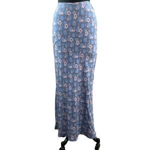 90s Y2K Tova Celine Blue Maxi Skirt Silk Floral Casual Party Cocktail Sz L Large